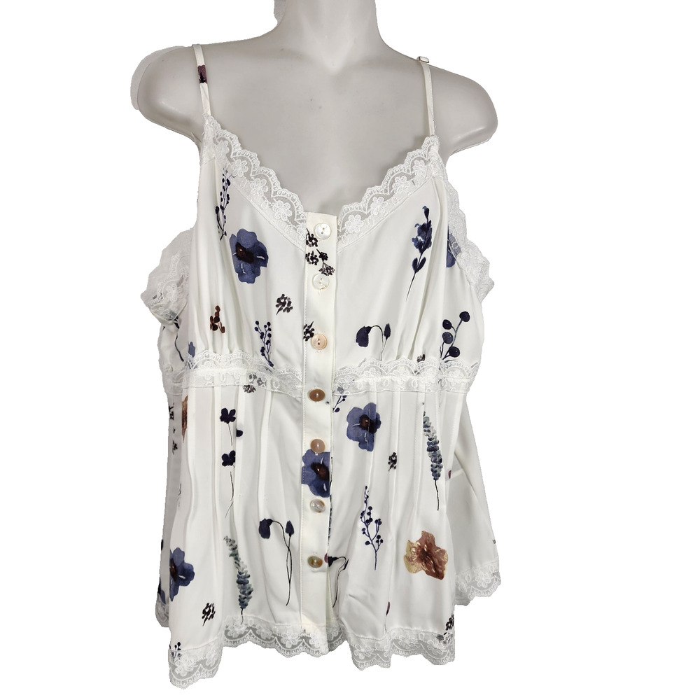 Babydoll Camisole Floral Lace Trim Pleated Spaghetti Straps Coquette Feminine 1X